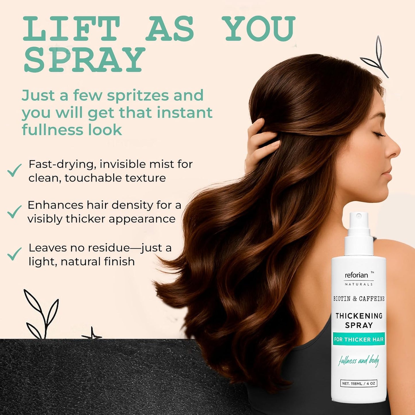 Biotin & Caffeine Hair Thickening Spray for Thinning Hair – Instant Volume in 60 Sec, Non-Sticky Root Lifter for Women & Men, Hair Growth Support, Color Safe, Silicone & Paraben Free, 4 oz